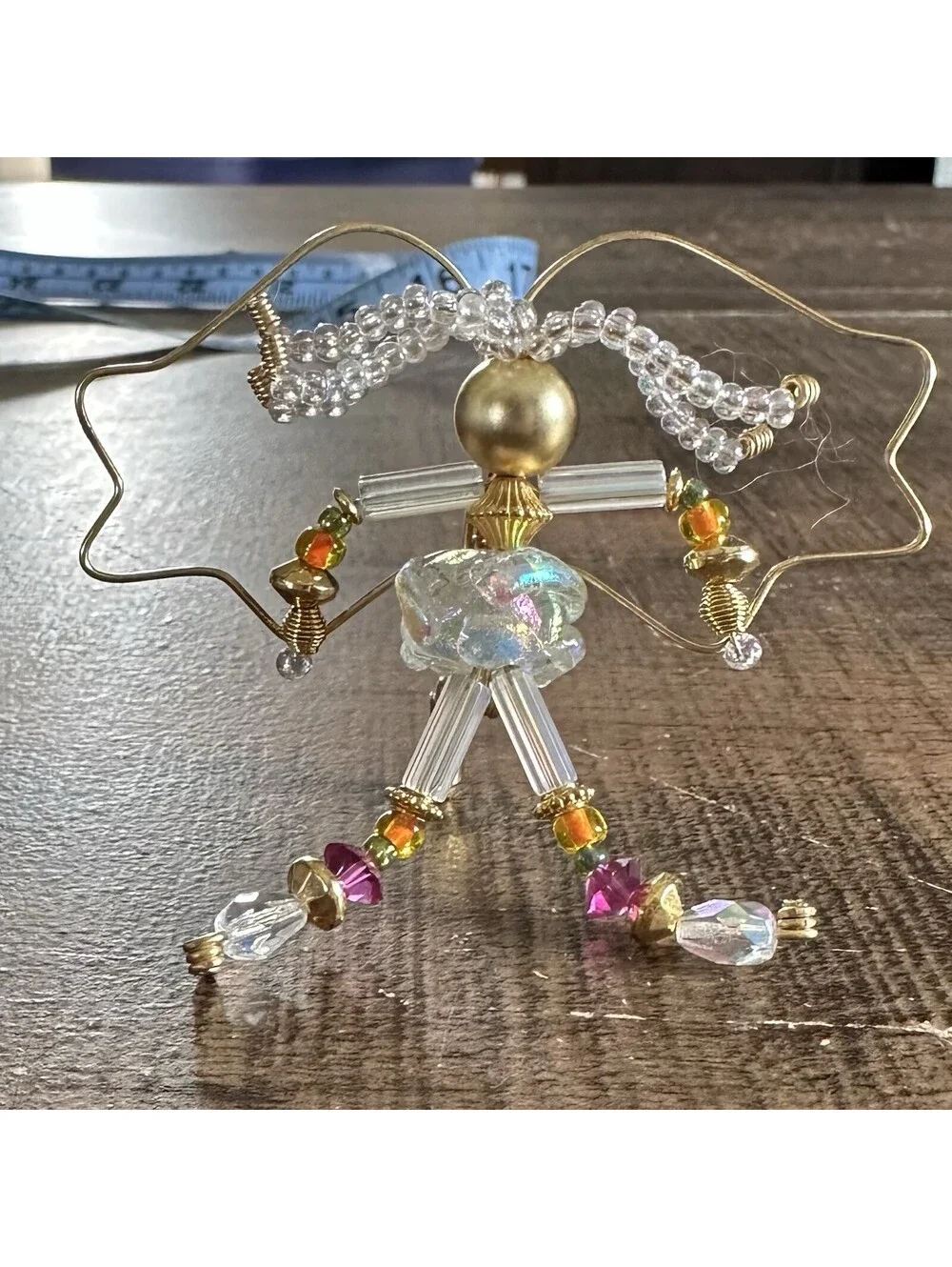 Handcrafted Wire Angel Brooch Pin Glass Crystal Bead Gold Tone Artisan OOAK
